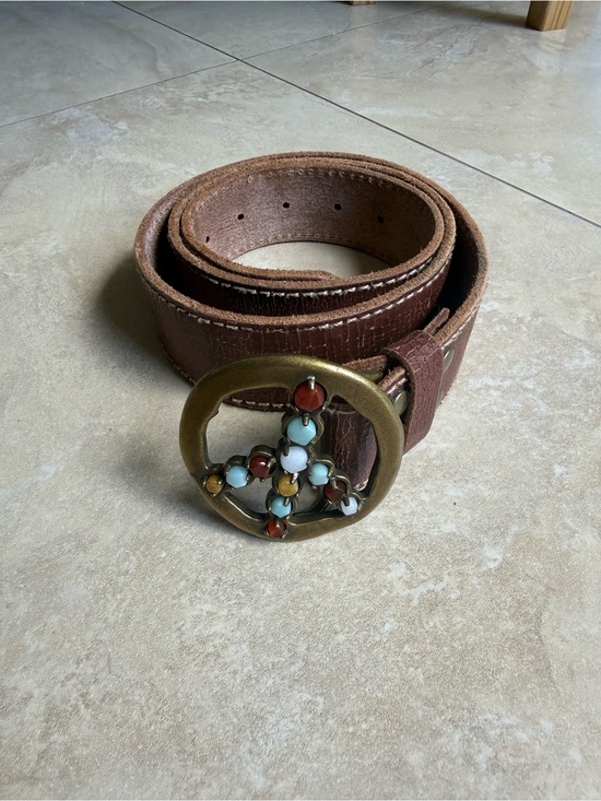 Lucky Brand Accessories - Lucky Brand Vintage Look Brown Leather Belt with Beaded Brass Circle Buckle